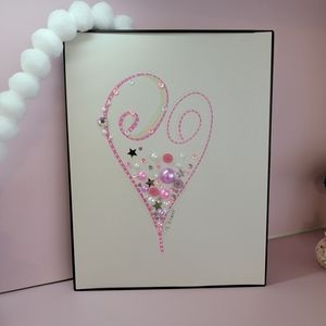 Barbiecore Heart Drawing with confetti Handmade Art Pink Drawing